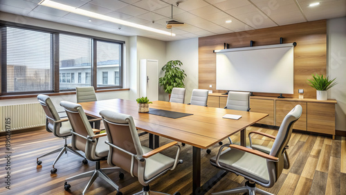 Modern conference room with empty chairs and wooden table, whiteboard, and flipchart standing on easel, ready for business training session or corporate meeting.