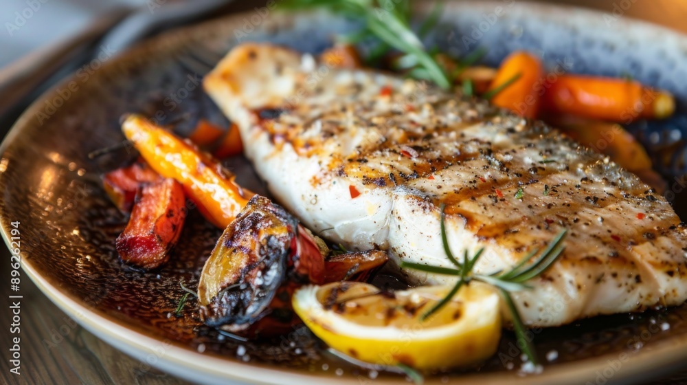 A grilled fish fillet served on a plate with a side of roasted vegetables and a lemon wedge. A grilled fish fillet served on a plate with a side of roasted vegetables and a lemon wedge.