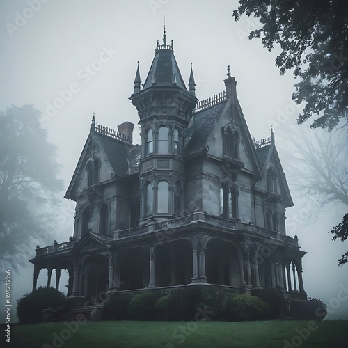 A haunted, gothic mansion shrouded in mist.