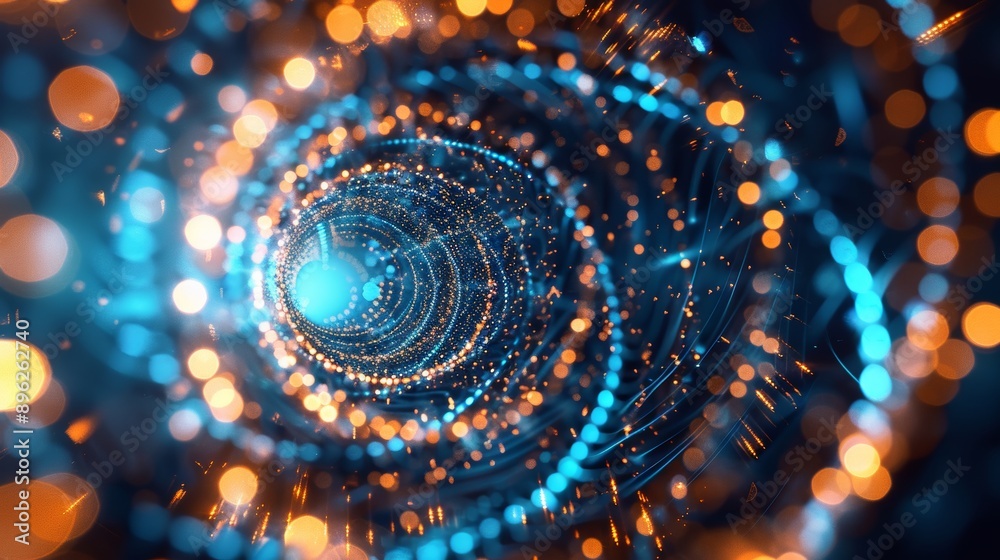 Symmetrical blue double helix abstract background with golden ratio composition in cyber space Symmetrical blue double helix abstract background with golden ratio composition in cyber space