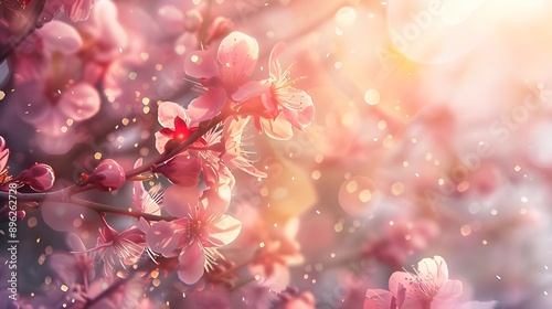 Pink blossom border or background art for spring. Lovely natural setting with a blossoming tree and a sun flash