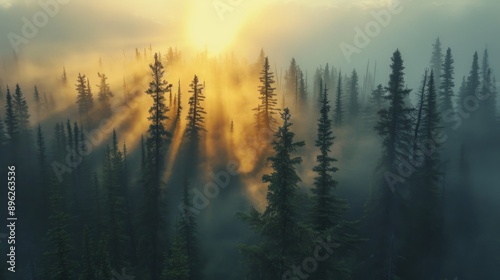 Dense spruce forest shrouded in morning mist with the sun's rays piercing through the trees
