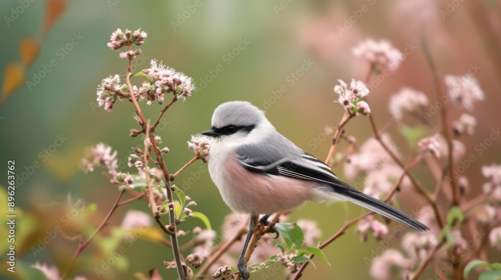 Long-tailed bushtit perched on a twig, with soft focus on the surrounding foliage Long-tailed bushtit perched on a twig, with soft focus on the surrounding foliage