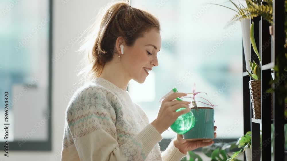 Video of beautiful smiling woman arranging plants and flowers while listening music with earphones in a greenhouse Video of beautiful smiling woman arranging plants and flowers while listening music with earphones in a greenhouse
