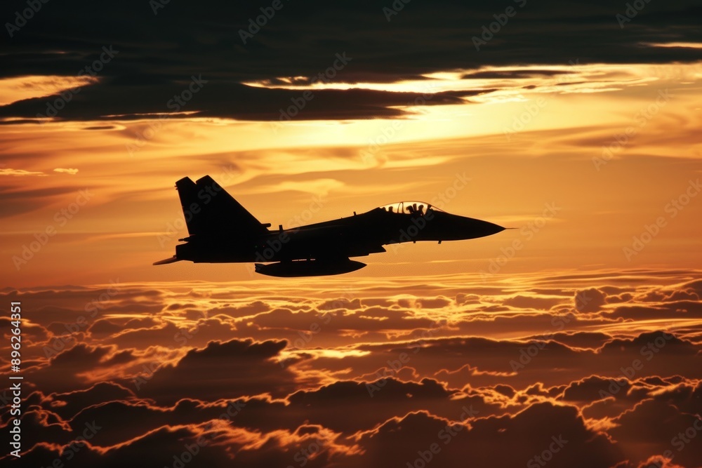 Caught mid-air, a jet fighter darts on a mission, cutting through the sea of sunset clouds, its silhouette Caught mid-air, a jet fighter darts on a mission, cutting through the sea of sunset clouds, its silhouette