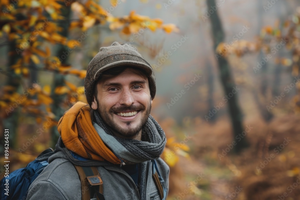cheerful man with scarf and hat smiling in autumn forest cheerful man with scarf and hat smiling in autumn forest