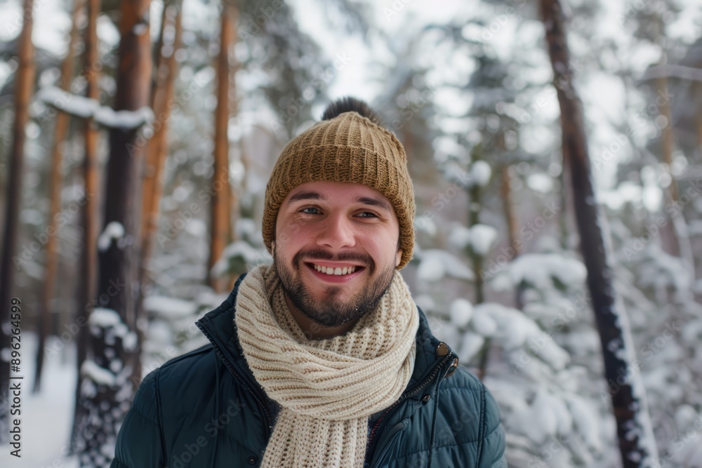cheerful man with scarf and hat smiling in winter forest cheerful man with scarf and hat smiling in winter forest
