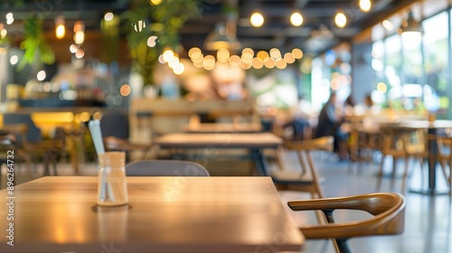 interior of a cafe with wooden tables and chairs, people sitting at tables, and a bar in the background. © Pro