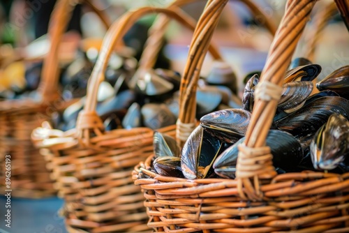 Close up baskets with mussels