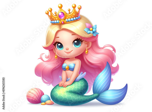cute Mermaid with crown vector-style 3d cartoon illustration isolated on white background