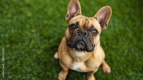 Cute French bulldog sitting on a grassy lawn, looking up with a curious expression photo