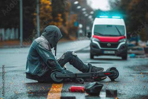 Electric scooter crash accident, teenage boy fallen from electric bike on autumn street, ambulance van in background