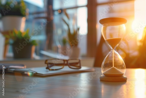 Close up view of sand hourglass stand bright table blurred office measuring time photo