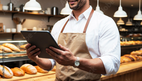 Bakery Owner Using Tablet to Manage Orders and Inventory in Modern Shop photo