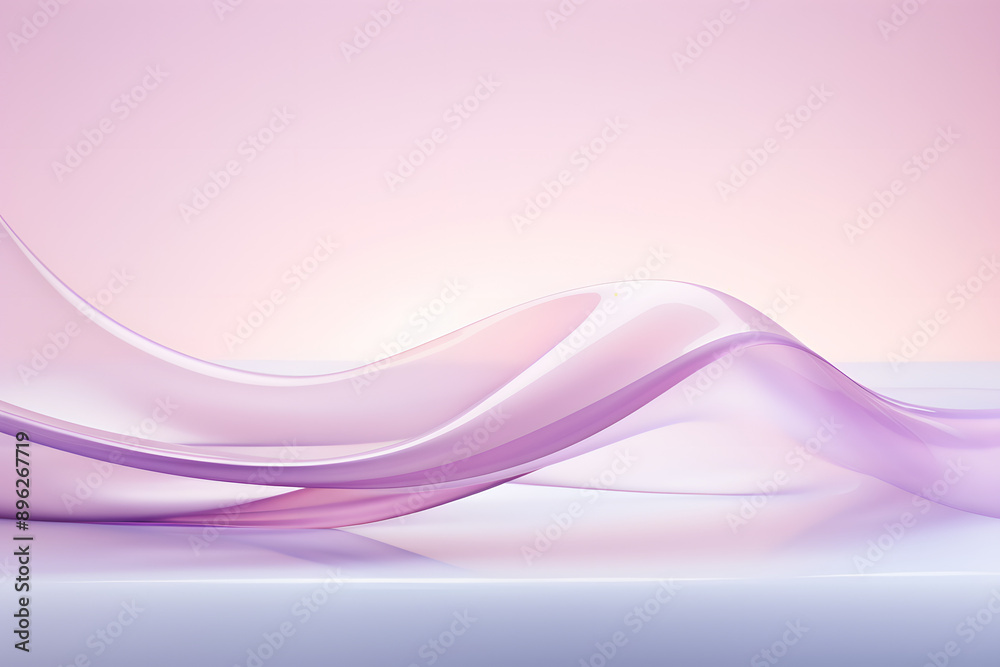 A pink and white ribbon floating in the air on a light purple background, in an abstract art style with soft edges and blurred details, wavy resin sheets with smooth curves like a fluid glass A pink and white ribbon floating in the air on a light purple background, in an abstract art style with soft edges and blurred details, wavy resin sheets with smooth curves like a fluid glass