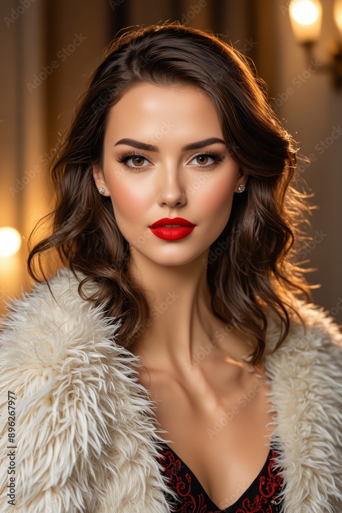 A woman with soft, brown hair and bold red lips poses in a fluffy white coat A woman with soft, brown hair and bold red lips poses in a fluffy white coat