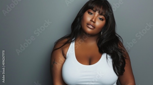 Taking Break. Overjoyed millennial plus-size black woman wearing white t-shirt dancing with closed eyes, having fun moving and listening to music, relaxing isolated over studio background photo