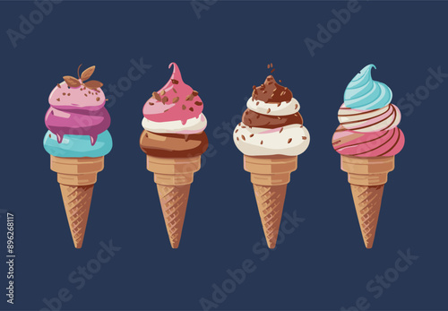 ice cream set with different toppings vector