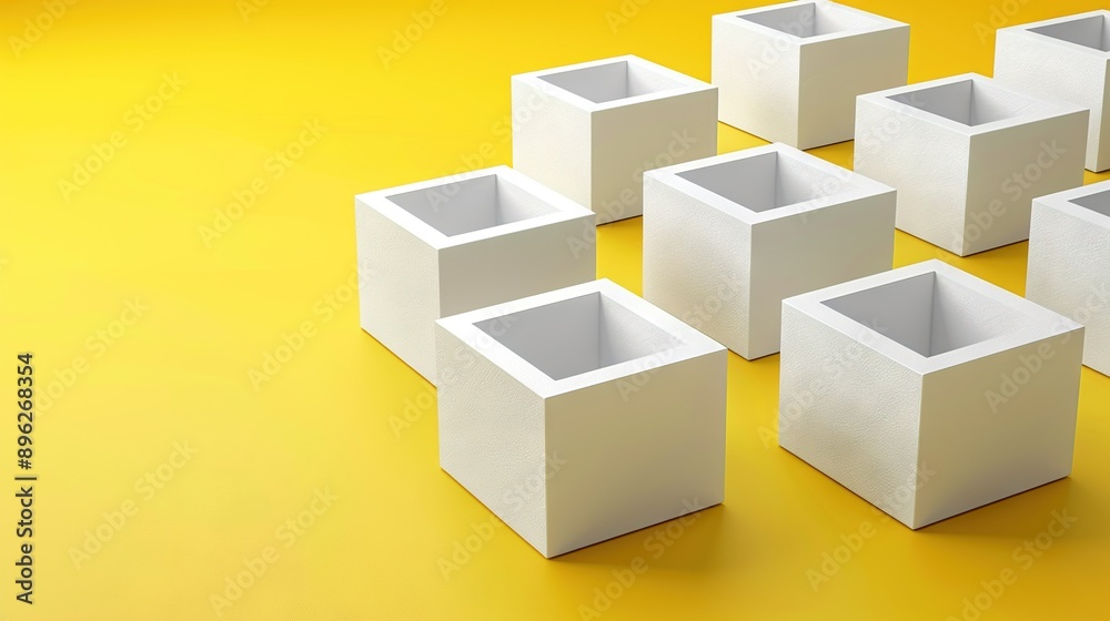 A collection of white boxes arranged together on a yellow background with a matching surface A collection of white boxes arranged together on a yellow background with a matching surface
