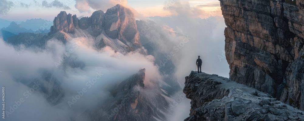 Fototapeta premium panoramic photo of the dolomites, high mountains in italy, a hiker on top of one mountain is looking down into the valley below where there's fog and clouds at sunrise Generative AI