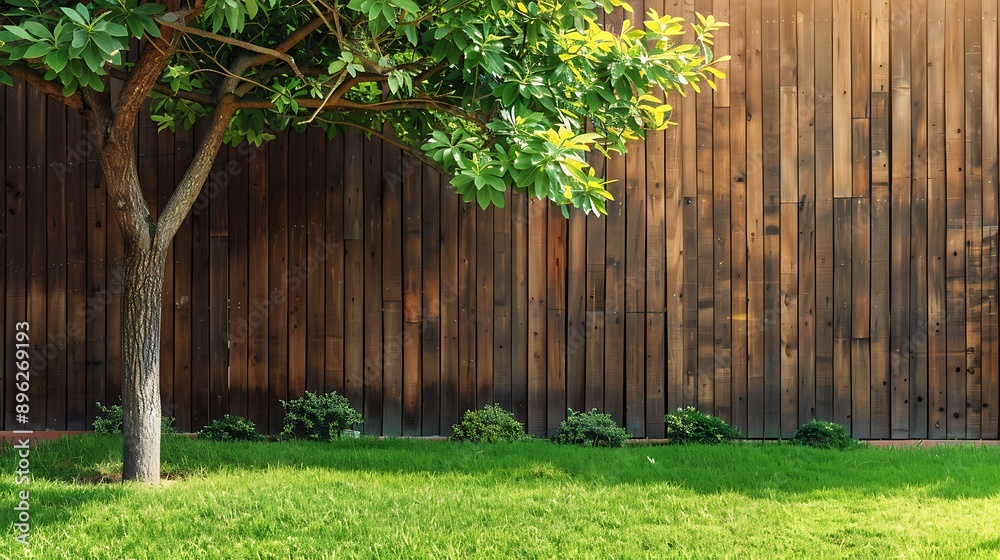 A garden tree and a wooden wall with grass in the backyard A garden tree and a wooden wall with grass in the backyard