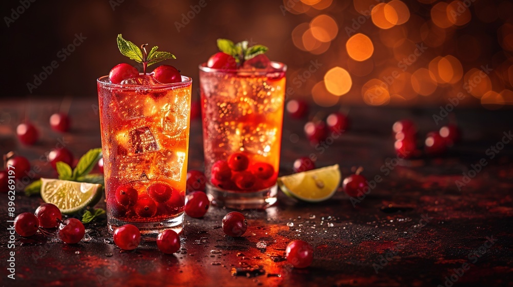 Close-up of two glasses of drinks with cherries and lemon slices on the rims Close-up of two glasses of drinks with cherries and lemon slices on the rims