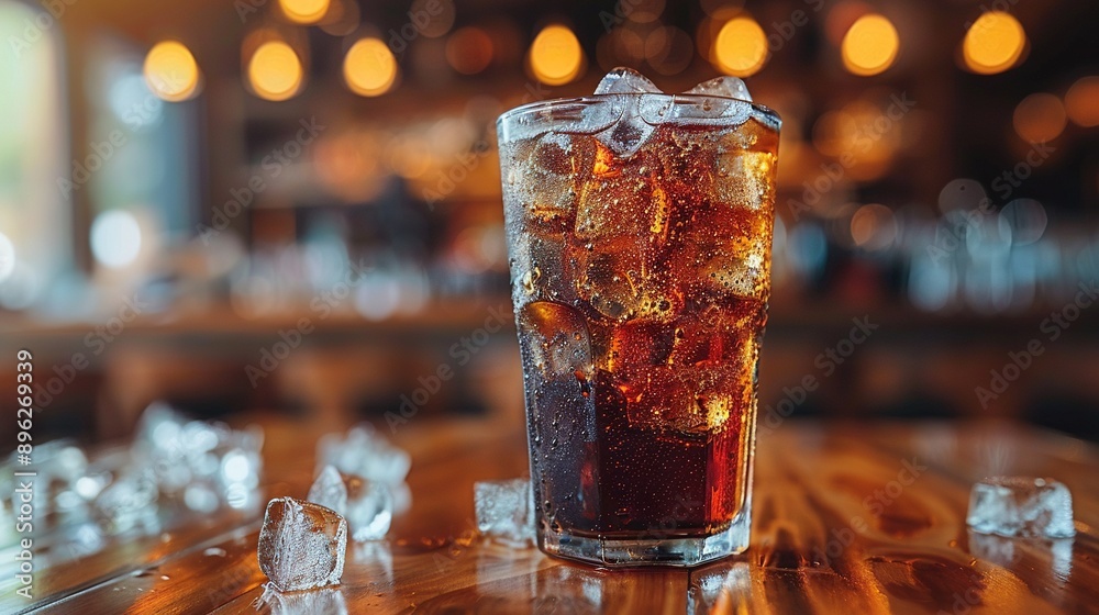 A glass of soda, up close Table, ice, bar background A glass of soda, up close Table, ice, bar background