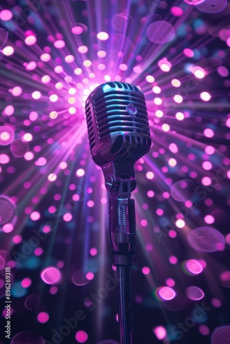 A vintage microphone stands poised under colorful bokeh lights, evoking a sense of nostalgic elegance and anticipation for a performance, blending classic style with a lively atmosphere.