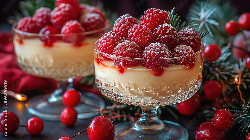 A close-up of a dessert in a glass dish on a table with berries on the rim A close-up of a dessert in a glass dish on a table with berries on the rim