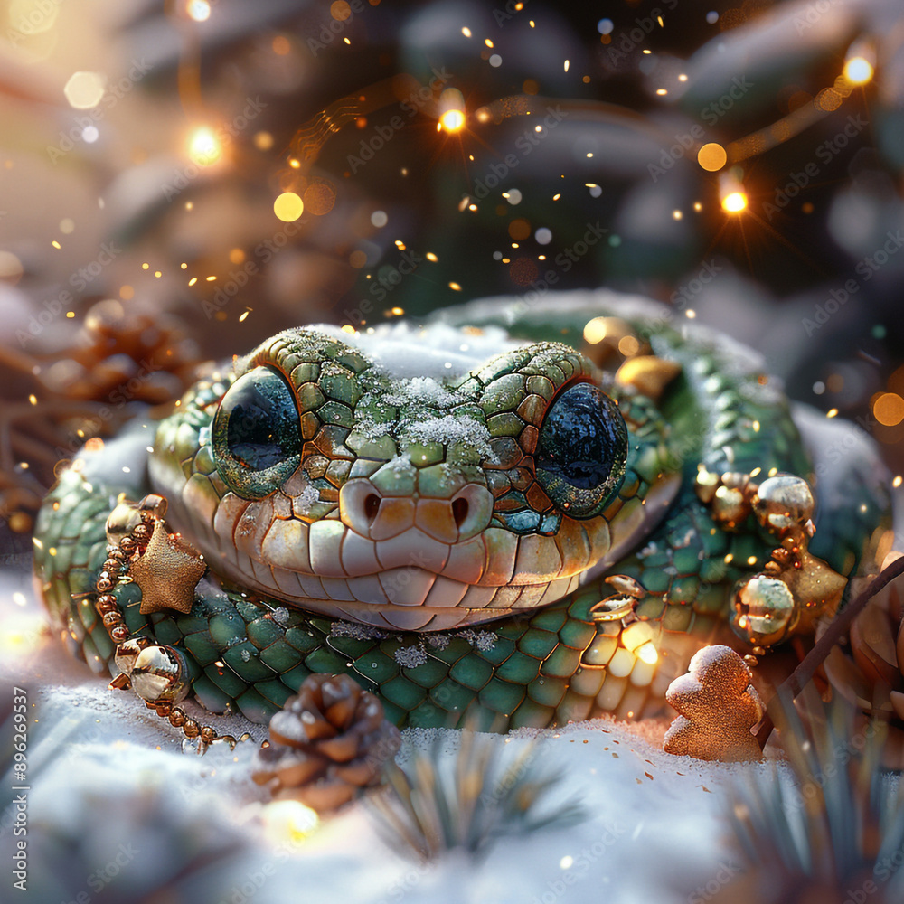 A green snake. New Year. Christmas decor. A green snake. New Year. Christmas decor.