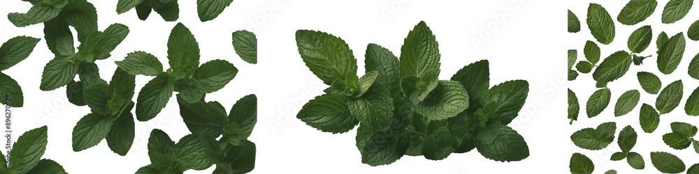 A variety of fresh mint leaves neatly arranged on a clean white surface, phonies and mint leaf compositions A variety of fresh mint leaves neatly arranged on a clean white surface, phonies and mint leaf compositions