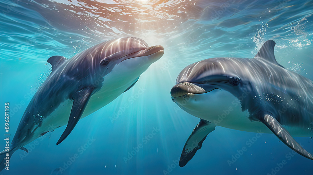 Naklejka premium dolphins in the water column swim underwater in the ocean, dolphins jump out of the water,