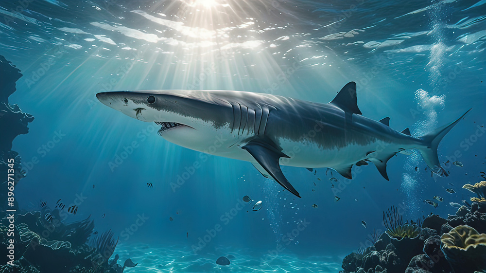 Fototapeta premium sharks in the water column swim underwater in the tropical ocean.