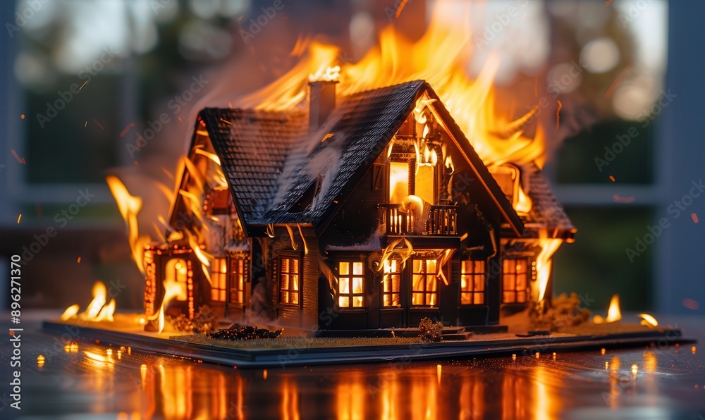 Model house on fire, home property insurance concept. Model house on fire, home property insurance concept.