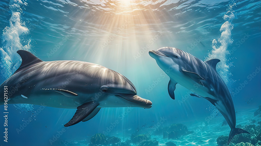Obraz premium dolphins in the water column swim underwater in the ocean, dolphins jump out of the water,
