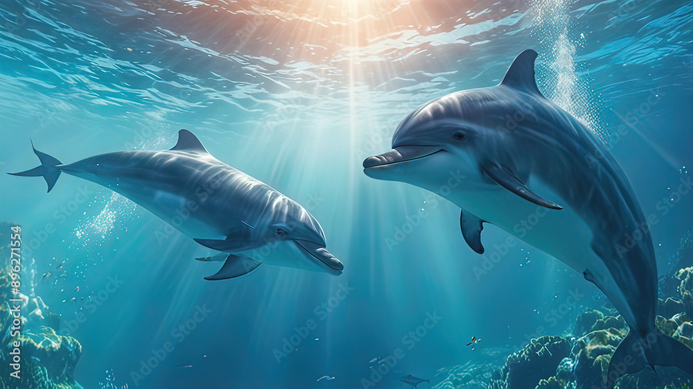 Fototapeta premium dolphins in the water column swim underwater in the ocean, dolphins jump out of the water,