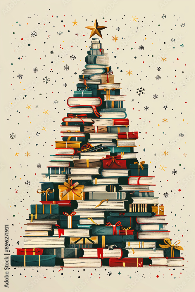 Winter modern alternative christmas tree made from with books. Education, book publishing, reading concept. Festive xmas and New Year holiday season creative banner and greeting card with copy space