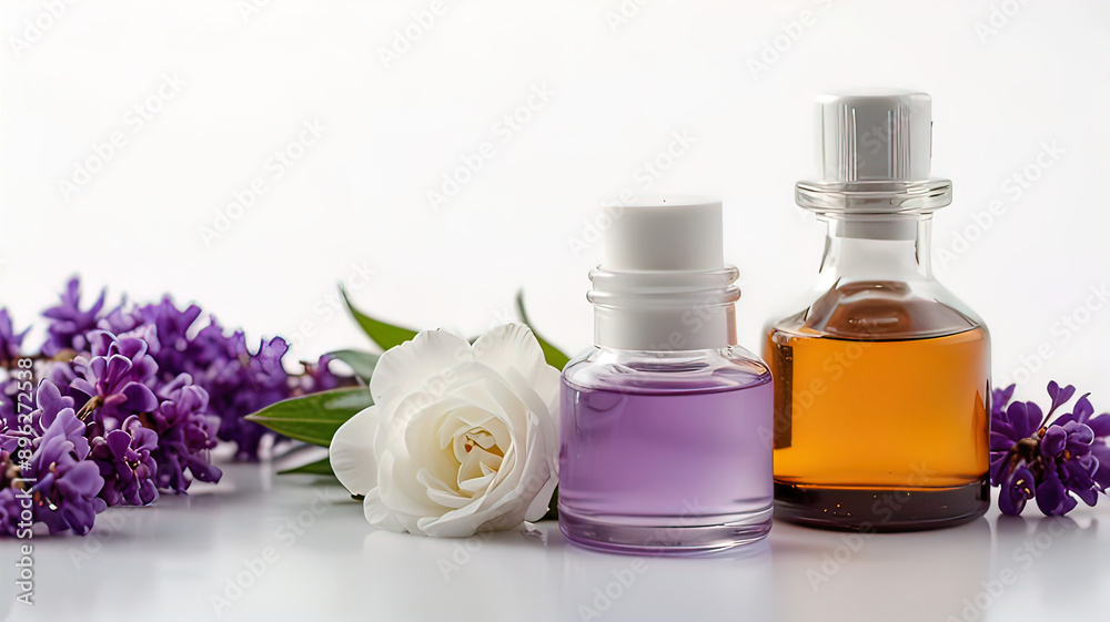 aromatherapy on white background with empty copy space, bottles with essential oils for perfumes aromatherapy on white background with empty copy space, bottles with essential oils for perfumes
