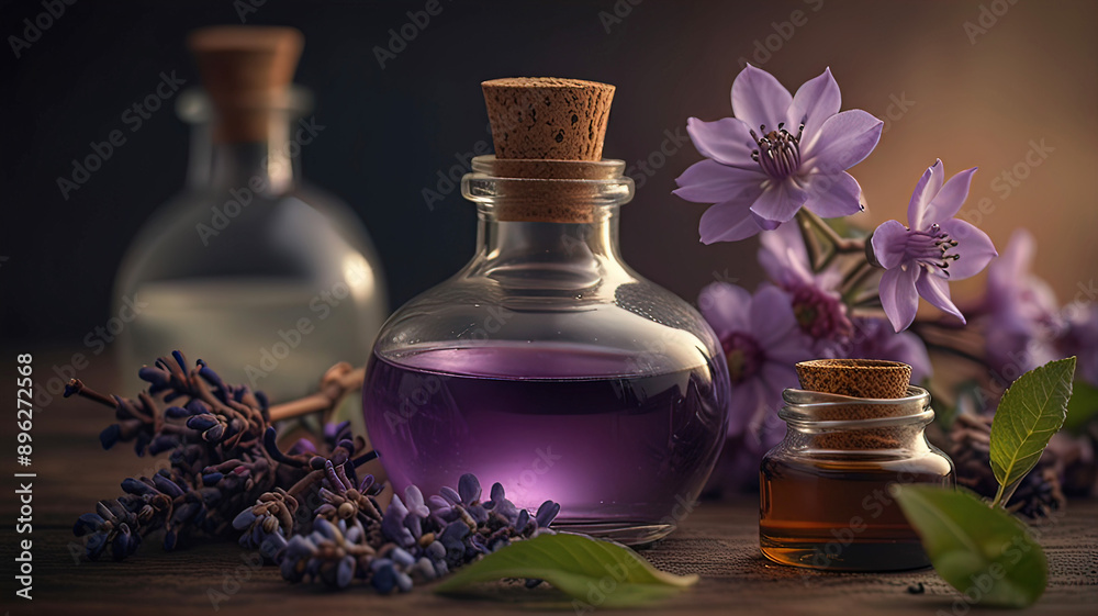 aromatherapy on white background with empty copy space, bottles with essential oils for perfumes aromatherapy on white background with empty copy space, bottles with essential oils for perfumes