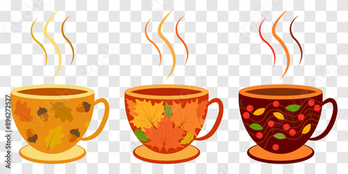 Set of colored cups with a pattern of autumn leaves, berries and acorns, vector. Autumn cup design.
