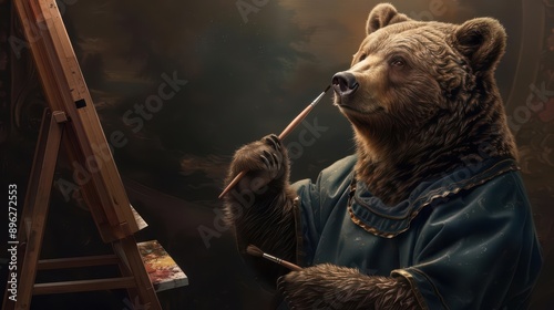 A bear in a painters smock creates art in a supernatural scene with copy space photo