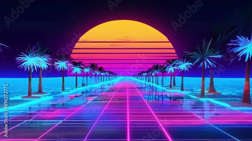 A neon sign with a large orange sun in the background. The sign is surrounded by palm trees