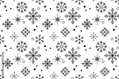 Monochrome black snowflakes dots seamless vector pattern packaging paper Textile Wrapping paper Napkin Winter holiday design Isolated background December mood New Year day Christmas time Xmas season
