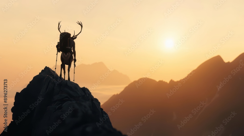A deer in a hiking outfit climbs a mountain in a supernatural scene with copy space A deer in a hiking outfit climbs a mountain in a supernatural scene with copy space
