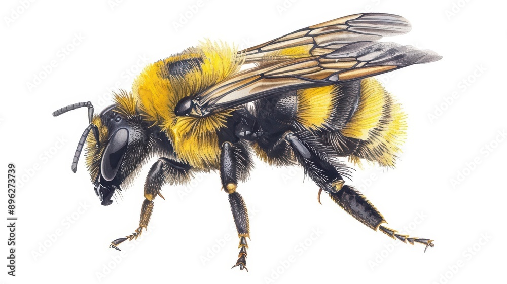 A delightful carpenter bee, light watercolor, isolate on white background, explores flowers A delightful carpenter bee, light watercolor, isolate on white background, explores flowers