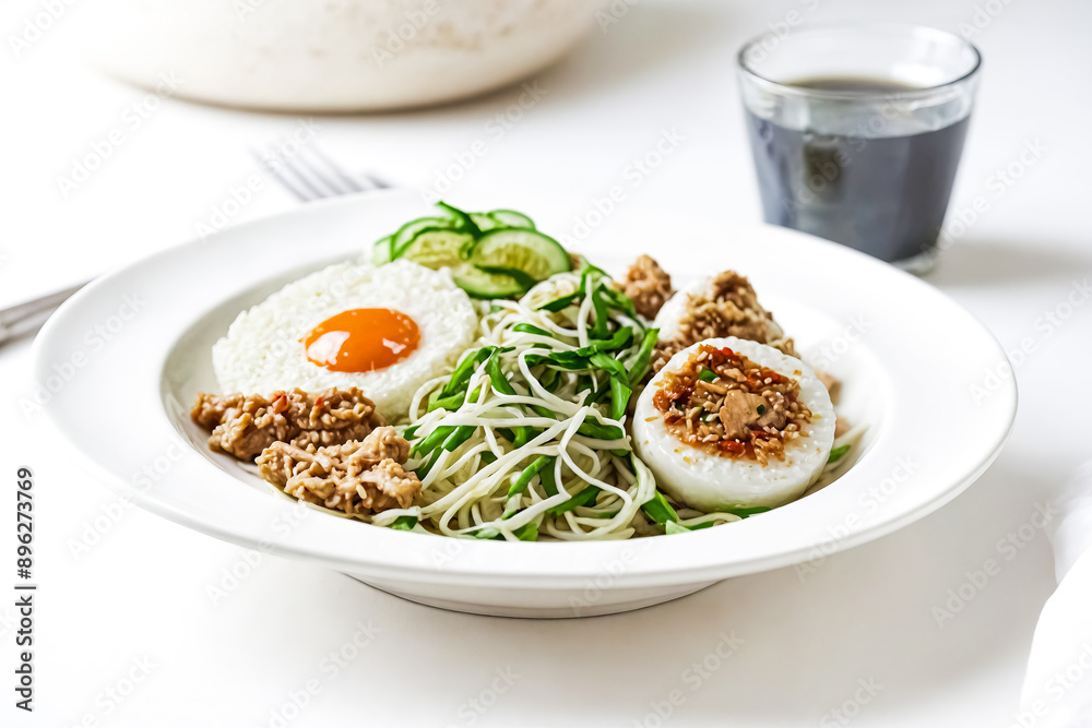 Asian-Inspired Noodle Dish with Fried Egg and Cucumber