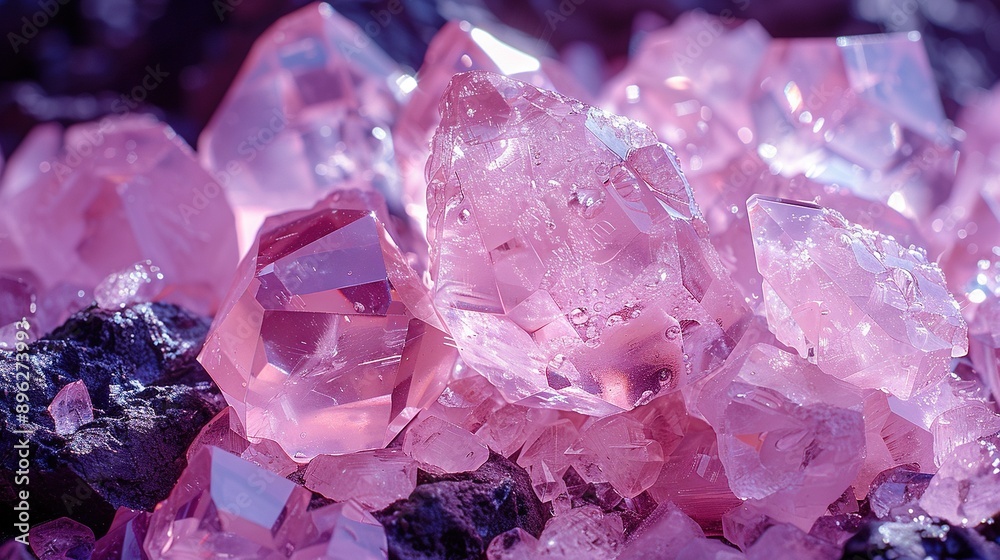 Pink crystal piles sit atop black rock stacks Pink crystal piles sit atop black rock stacks