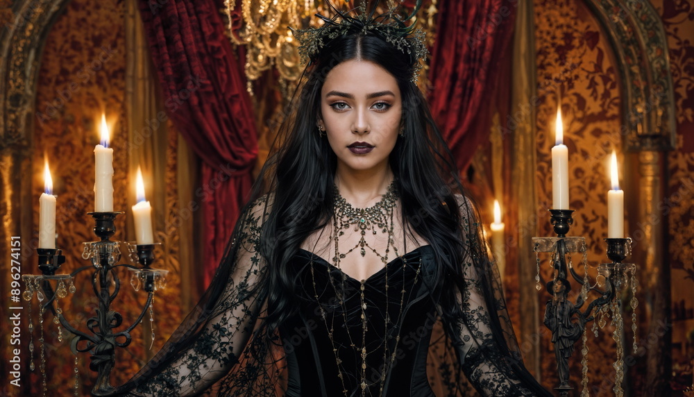 A woman wearing a black dress and a crown, with a veil covering her head, stands in a dimly lit room with several candles.