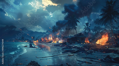 A far view angle of a destroyed tropical Island, burning coconut trees, torn down fishing village, sea side, stormy sky. Generative AI. photo