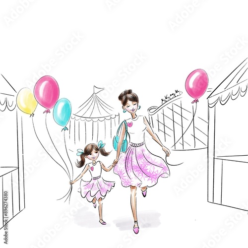Mother and Daughter at the fairgrounds illustration 